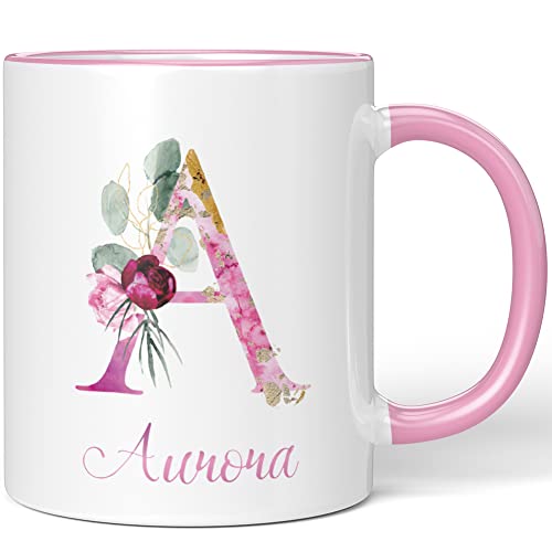 JUNIWORDS Tasse, Aurora, Name Anfangsbuchstabe Initial Alphabet Floral Buchstabe A Monogramm Motiv, Rosa (5497437) von JUNIWORDS