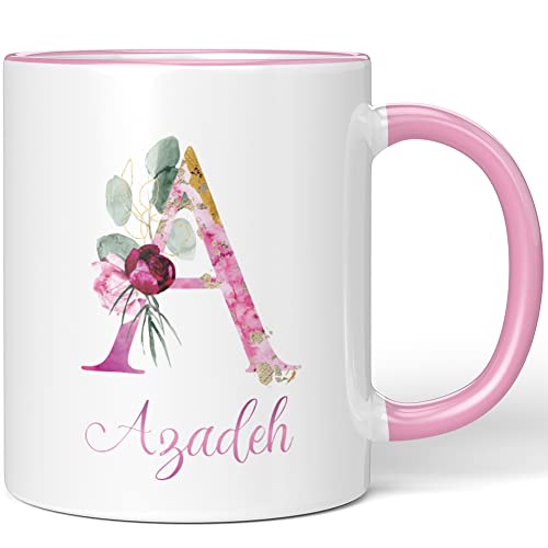 JUNIWORDS Tasse, Azadeh, Name Anfangsbuchstabe Initial Alphabet Floral Buchstabe A Monogramm Motiv, Rosa (5497935) von JUNIWORDS