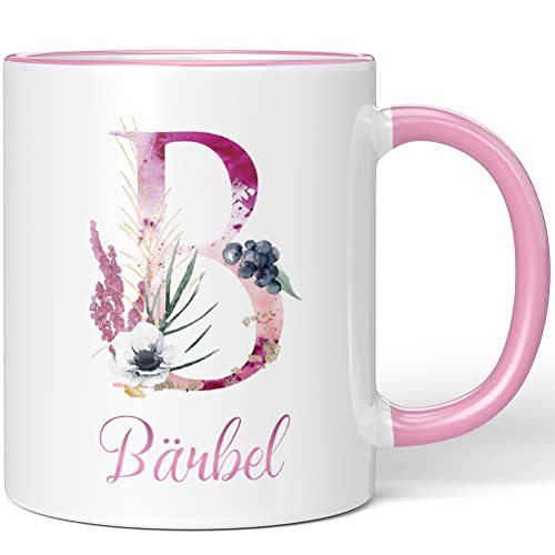 JUNIWORDS Tasse, Bärbel, Name Anfangsbuchstabe Initial Alphabet Floral Buchstabe B Monogramm Motiv, Rosa (5498269) von JUNIWORDS