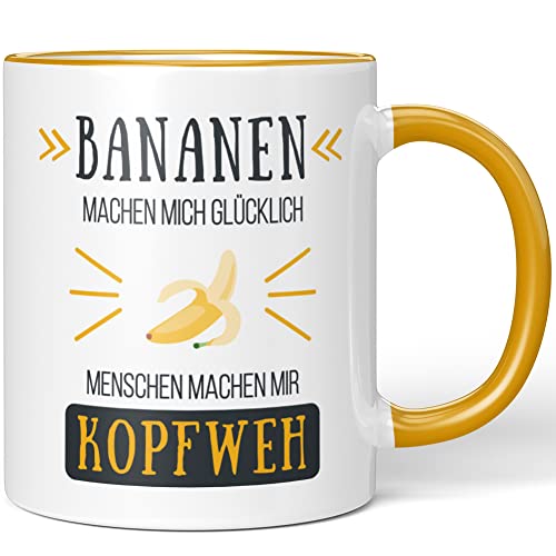 JUNIWORDS Tasse, Bananen Machen Mich glücklich Menschen Machen Mir Kopfweh, Wähle Farbe, Dunkelgelb von JUNIWORDS