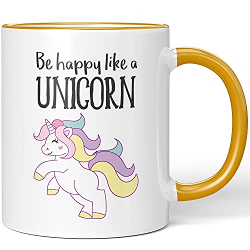 JUNIWORDS Tasse, Be happy like a unicorn, Wähle Farbe, Dunkelgelb von JUNIWORDS