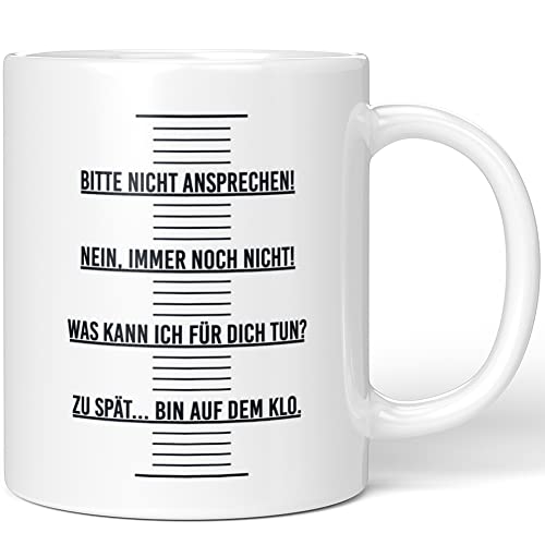 JUNIWORDS Tasse, Bitte Nicht ansprechen! Nein, Immer noch Nicht! was kann ich für Dich tun? Zu spät, Bin auf dem Klo, Wähle Farbe, Weiß von JUNIWORDS