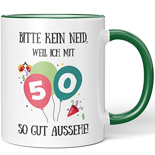 JUNIWORDS Tasse, Bitte kein Neid, weil ich mit 50 so gut aussehe!, Grün (1008495) von JUNIWORDS