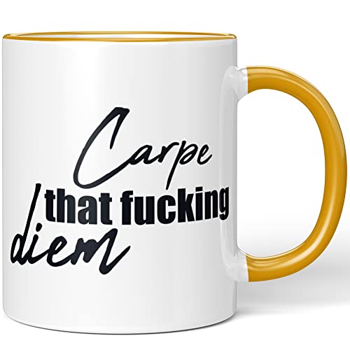 JUNIWORDS Tasse, Carpe that fucking diem, Wähle Farbe, Dunkelgelb von JUNIWORDS