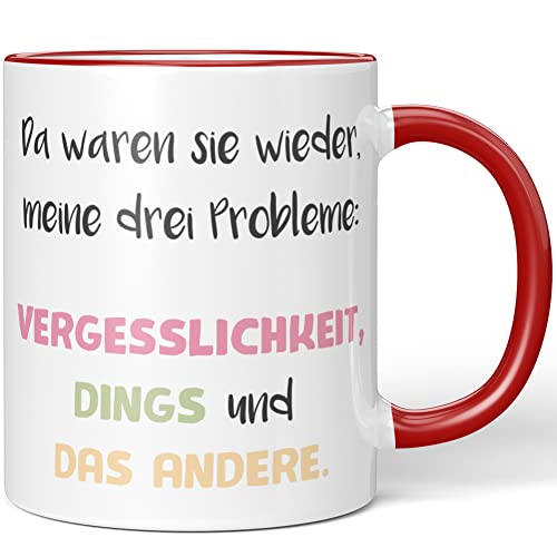 JUNIWORDS Tasse, Da waren sie wieder, meine drei Probleme: VERGESSLICHKEIT, DINGS und DAS ANDERE, Rot (1008840) von JUNIWORDS