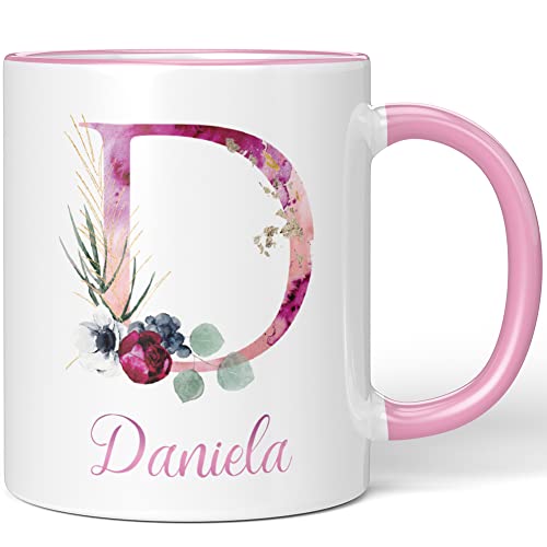 JUNIWORDS Tasse, Daniela, Name Anfangsbuchstabe Initial Alphabet Floral Buchstabe D Monogramm Motiv, Rosa (5502707) von JUNIWORDS