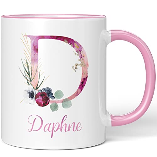 JUNIWORDS Tasse, Daphne, Name Anfangsbuchstabe Initial Alphabet Floral Buchstabe D Monogramm Motiv, Rosa (5502808) von JUNIWORDS