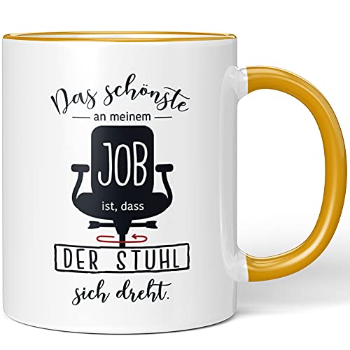 JUNIWORDS Tasse, Das schönste an meinem Job ist, dass der Stuhl sich dreht, Wähle Farbe, Dunkelgelb von JUNIWORDS