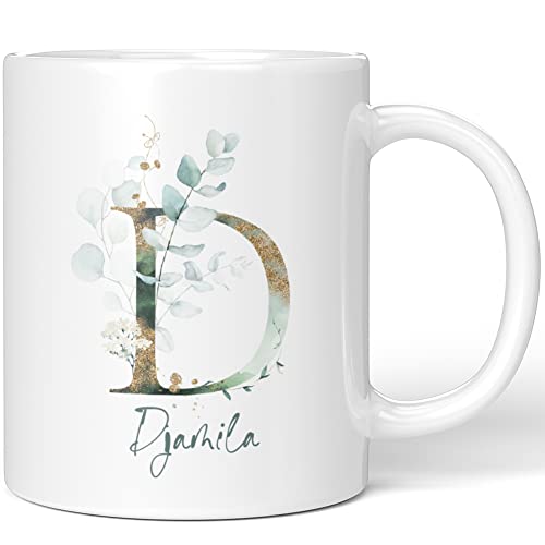 JUNIWORDS Tasse, Djamila, Name Anfangsbuchstabe Initial Alphabet Floral Buchstabe D Monogramm Motiv, Weiß (5443238) von JUNIWORDS