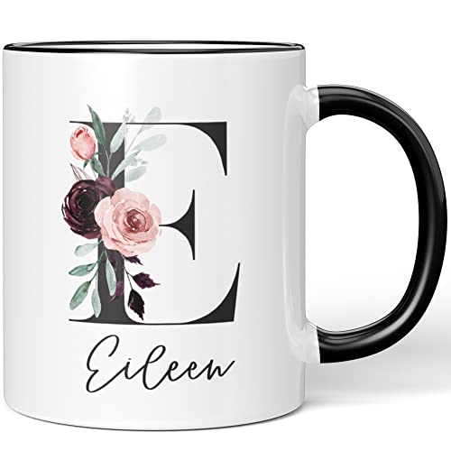 JUNIWORDS Tasse, Eileen, Name Anfangsbuchstabe Initial Alphabet Floral Buchstabe E Monogramm Motiv, Schwarz (5565874) von JUNIWORDS