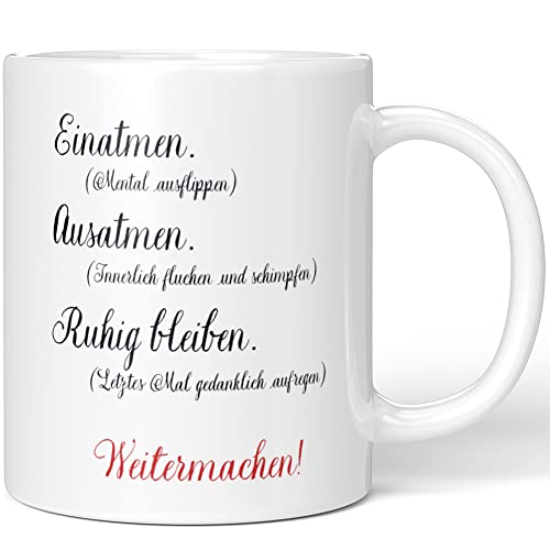 JUNIWORDS Tasse, Einatmen. Ausatmen. Ruhig bleiben. Weitermachen!, Weiß (1008828) von JUNIWORDS