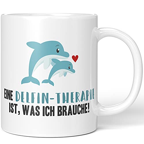 JUNIWORDS Tasse, Eine Delfin-Therapie ist, was ich brauche!, Wähle Farbe, Weiß von JUNIWORDS