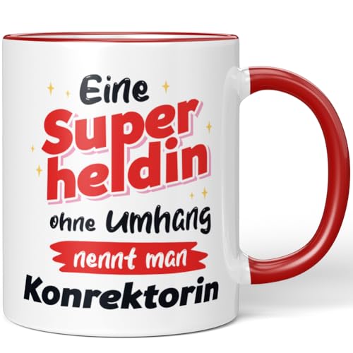 JUNIWORDS Tasse, Eine Superheldin ohne Umhang nennt man Konrektorin, Rot (7526751) von JUNIWORDS