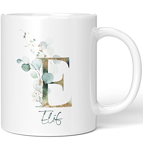 JUNIWORDS Tasse, Elïf, Name Anfangsbuchstabe Initial Alphabet Floral Buchstabe E Monogramm Motiv, Weiß (5444887) von JUNIWORDS