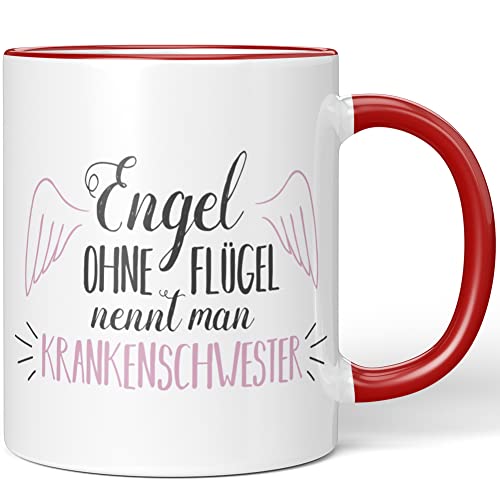 JUNIWORDS Tasse, Engel ohne Flügel nennt man Krankenschwester, Rot (1005151) von JUNIWORDS