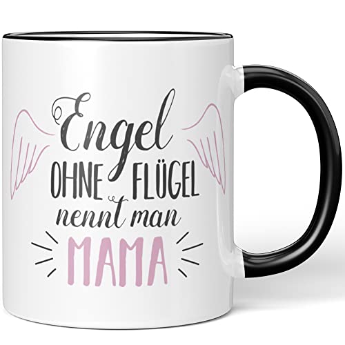 JUNIWORDS Tasse, Engel ohne Flügel nennt man Mama, Schwarz (1005174) von JUNIWORDS