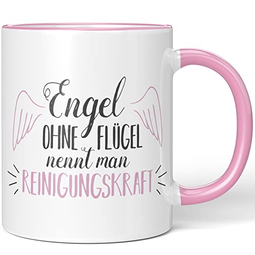 JUNIWORDS Tasse, Engel ohne Flügel nennt man Reinigungskraft, Rosa (1005172) von JUNIWORDS