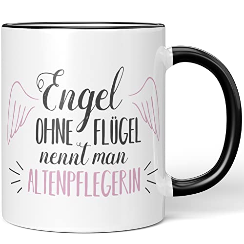 JUNIWORDS Tasse, Engel ohne Flügel nennt man Altenpflegerin, Schwarz (1005119) von JUNIWORDS