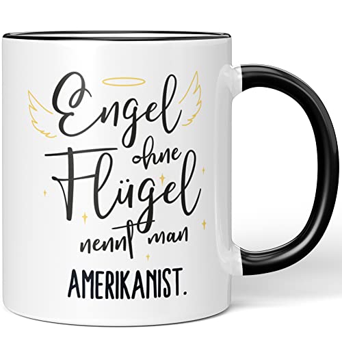 JUNIWORDS Tasse, Engel ohne Flügel nennt man Amerikanist, Schwarz (5153072) von JUNIWORDS