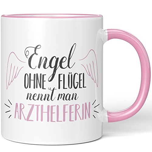 JUNIWORDS Tasse, Engel ohne Flügel nennt man Arzthelferin, Rosa (1005121) von JUNIWORDS