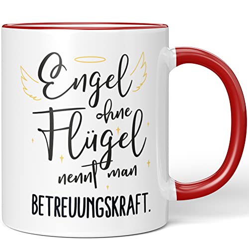 JUNIWORDS Tasse, Engel ohne Flügel nennt man Betreuungskraft, Rot (5155964) von JUNIWORDS