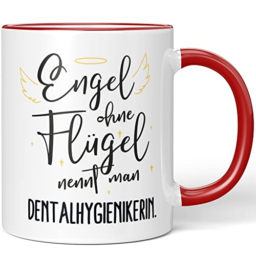 JUNIWORDS Tasse, Engel ohne Flügel nennt man Dentalhygienikerin, Rot (5158741) von JUNIWORDS