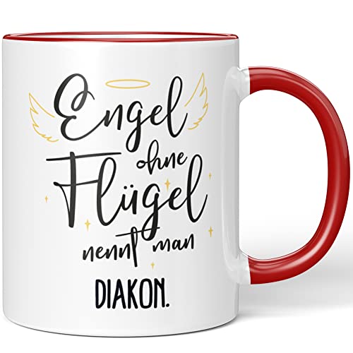 JUNIWORDS Tasse, Engel ohne Flügel nennt man Diakon, Rot (5158864) von JUNIWORDS