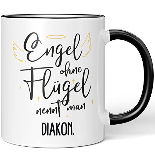 JUNIWORDS Tasse, Engel ohne Flügel nennt man Diakon, Schwarz (5158864) von JUNIWORDS