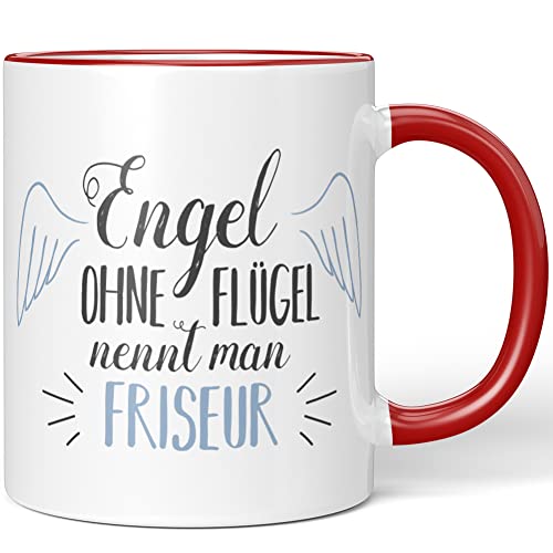 JUNIWORDS Tasse, Engel ohne Flügel nennt man Friseur, Rot (1005076) von JUNIWORDS