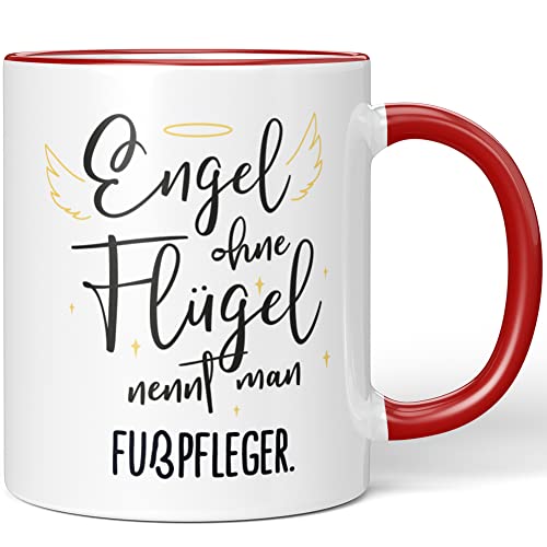 JUNIWORDS Tasse, Engel ohne Flügel nennt man Fußpfleger, Rot (5163970) von JUNIWORDS