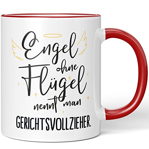 JUNIWORDS Tasse, Engel ohne Flügel nennt man Gerichtsvollzieher, Rot (5164804) von JUNIWORDS