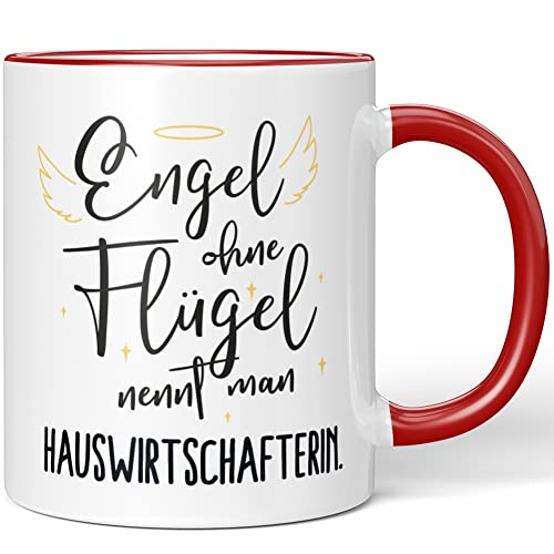 JUNIWORDS Tasse, Engel ohne Flügel nennt man Hauswirtschafterin, Rot (5166554) von JUNIWORDS