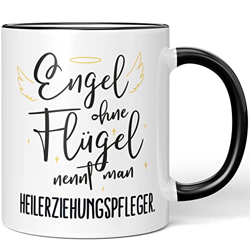 JUNIWORDS Tasse, Engel ohne Flügel nennt man Heilerziehungspfleger, Schwarz (5166617) von JUNIWORDS