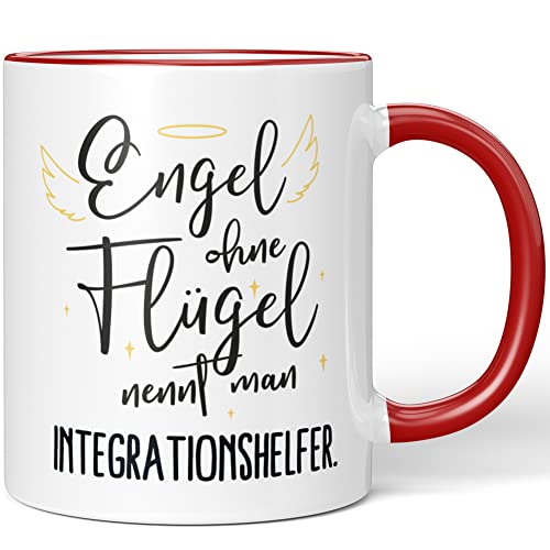 JUNIWORDS Tasse, Engel ohne Flügel nennt man Integrationshelfer, Rot (5168105) von JUNIWORDS