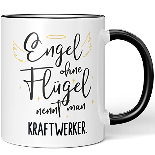 JUNIWORDS Tasse, Engel ohne Flügel nennt man Kraftwerker, Schwarz (5170896) von JUNIWORDS