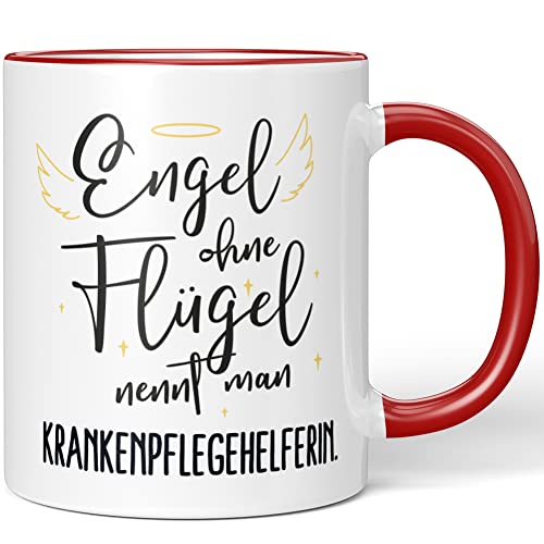 JUNIWORDS Tasse, Engel ohne Flügel nennt man Krankenpflegehelferin, Rot (5170971) von JUNIWORDS