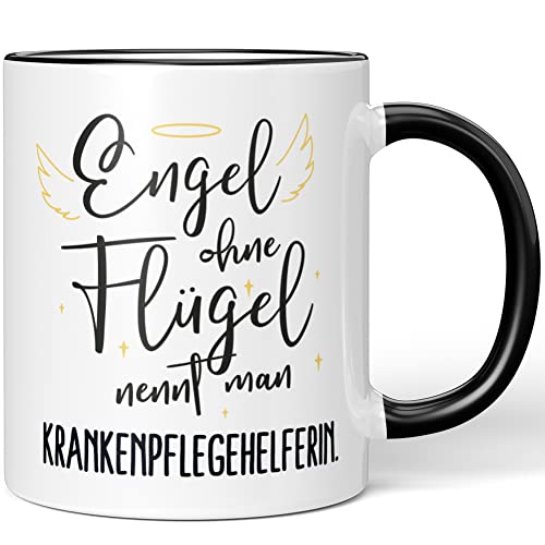 JUNIWORDS Tasse, Engel ohne Flügel nennt man Krankenpflegehelferin, Schwarz (5170971) von JUNIWORDS