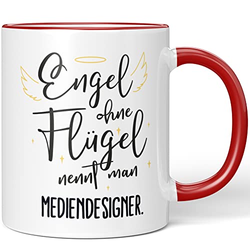 JUNIWORDS Tasse, Engel ohne Flügel nennt man Mediendesigner, Rot (5174104) von JUNIWORDS