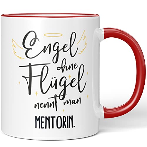 JUNIWORDS Tasse, Engel ohne Flügel nennt man Mentorin, Rot (5174395) von JUNIWORDS