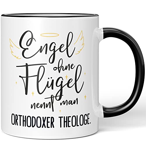 JUNIWORDS Tasse, Engel ohne Flügel nennt man Orthodoxer Theologe, Schwarz (5176998) von JUNIWORDS