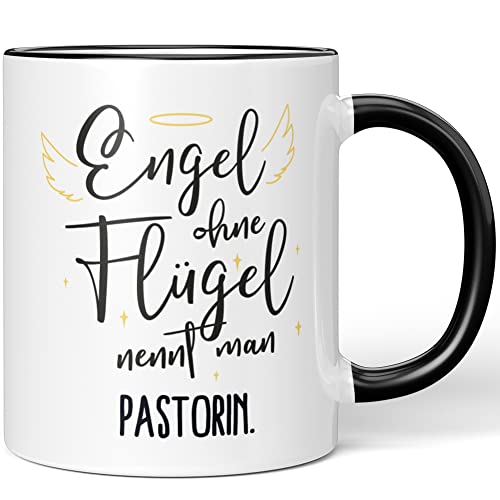 JUNIWORDS Tasse, Engel ohne Flügel nennt man Pastorin, Schwarz (5177419) von JUNIWORDS