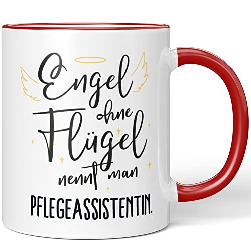 JUNIWORDS Tasse, Engel ohne Flügel nennt man Pflegeassistentin, Rot (5177827) von JUNIWORDS