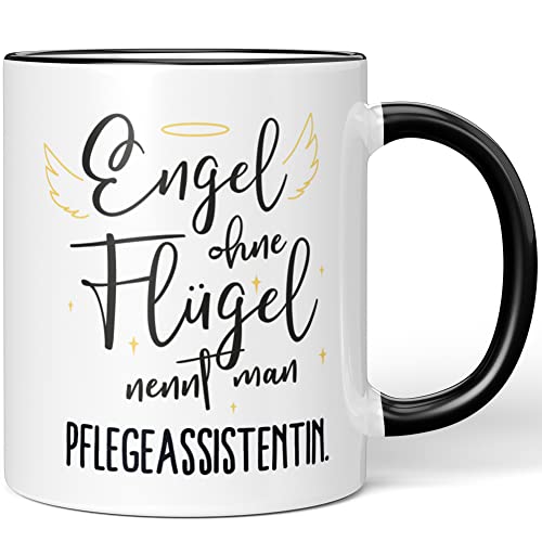 JUNIWORDS Tasse, Engel ohne Flügel nennt man Pflegeassistentin, Schwarz (5177827) von JUNIWORDS