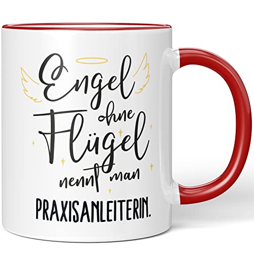 JUNIWORDS Tasse, Engel ohne Flügel nennt man Praxisanleiterin, Rot (5178541) von JUNIWORDS