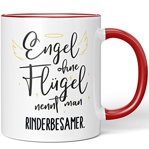 JUNIWORDS Tasse, Engel ohne Flügel nennt man Rinderbesamer, Rot (5180345) von JUNIWORDS