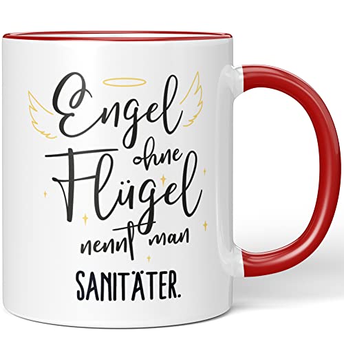 JUNIWORDS Tasse, Engel ohne Flügel nennt man Sanitäter, Rot (5180999) von JUNIWORDS