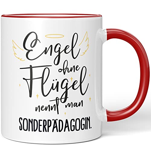 JUNIWORDS Tasse, Engel ohne Flügel nennt man Sonderpädagogin, Rot (5183127) von JUNIWORDS