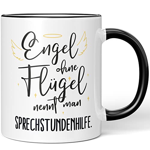 JUNIWORDS Tasse, Engel ohne Flügel nennt man Sprechstundenhilfe, Schwarz (5183710) von JUNIWORDS