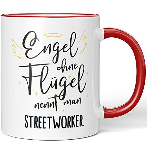 JUNIWORDS Tasse, Engel ohne Flügel nennt man Streetworker, Rot (5184712) von JUNIWORDS