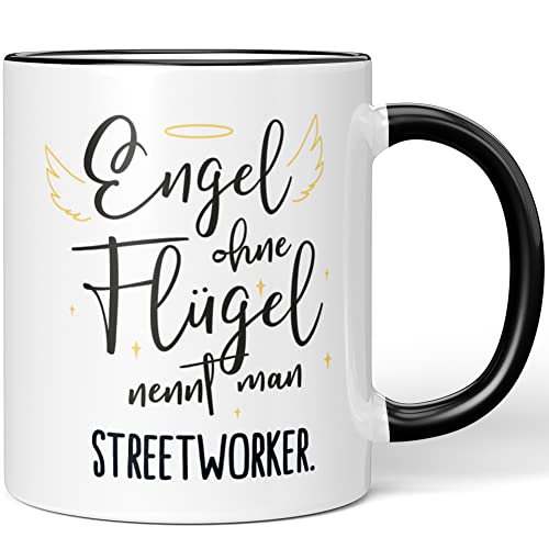 JUNIWORDS Tasse, Engel ohne Flügel nennt man Streetworker, Schwarz (5184712) von JUNIWORDS